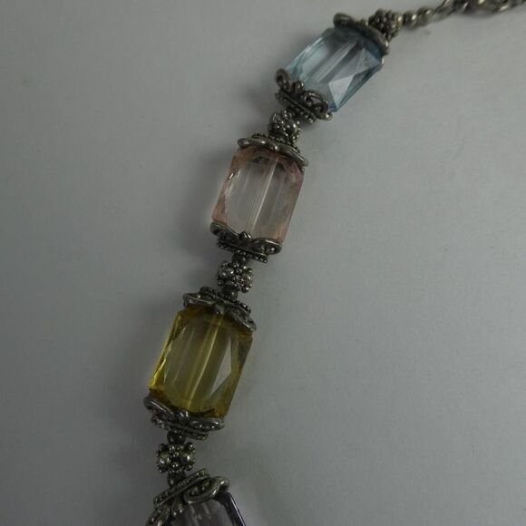 Pastel Rainbow Silver Tone Beaded Jeweled Station Necklace Pink Blue Yellow 18+" - Picture 2 of 7